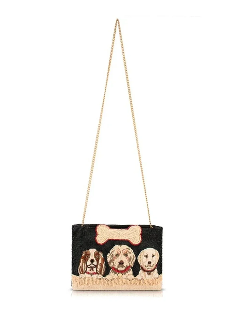 Mary Frances Pawsome Puppy Dog Bone Beaded Handbag Zip Bag Black Cream Purse NEW